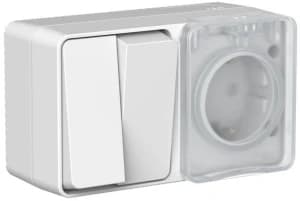AtlasDesign PROFI IP54 О/У БЛОК: РОЗ. з/к со шт. 16А, ВЫКЛ.2-клав.10А, СЕРЫЙ