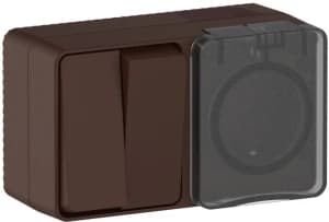 AtlasDesign PROFI IP54 О/У БЛОК: РОЗ. з/к со шт. 16А, ВЫКЛ.2-клав.10А, КОРИЧНЕВЫЙ
