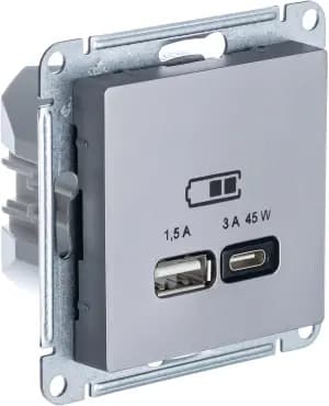 Зарядное устройство USB Schneider, USB-A 1.5A + USB-C 3A 45Вт, 2.25A (Сталь)