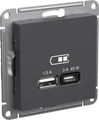 Зарядное устройство USB Schneider, USB-A 1.5A + USB-C 3A 45Вт, 2.25A (Базальт)