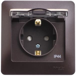 Влагозащищенная розетка электрическая IP44 Schneider со шторками с откидной крышкой (Шоколад)