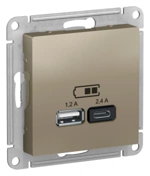 Зарядное устройство USB Schneider, USB-A 1.2A + USB-C 2.4A, 2.4A (Шампань)