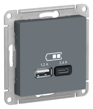 Зарядное устройство USB Schneider, USB-A 1.2A + USB-C 2.4A, 2.4A (Грифель)