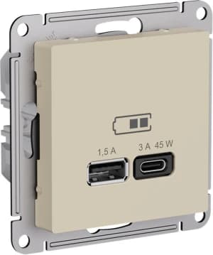 Зарядное устройство USB Schneider, USB-A 1.5A + USB-C 3A 45Вт, 2.25A (Песочный)