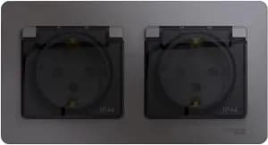 Влагозащищенная розетка электрическая IP44 Schneider со шторками с откидной крышкой двойная (Графит)