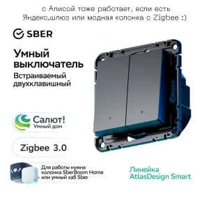 Умный двухклавишный выключатель с подсветкой Systeme Electric AtlasDesign Smart Zigbee, карбон