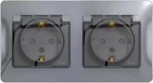 Влагозащищенная розетка электрическая IP44 Schneider со шторками с откидной крышкой двойная (Алюминий)