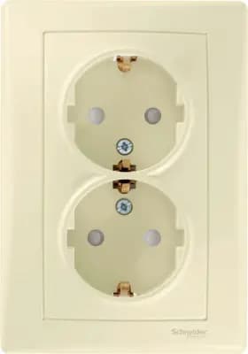 Розетка электрическая Schneider со шторками с рамкой двойная (Бежевый)