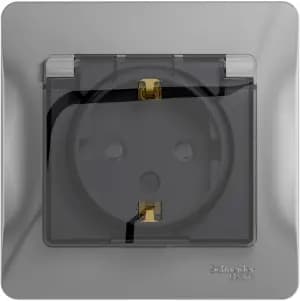Влагозащищенная розетка электрическая IP44 Schneider со шторками с откидной крышкой (Алюминий)