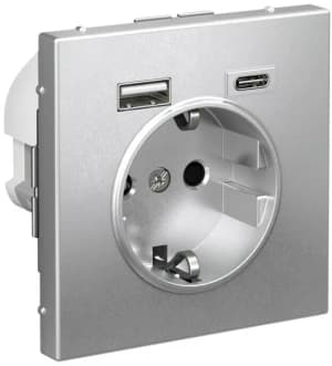 Розетка электрическая Schneider со шторками с зарядным устройством USB-A+C (Алюминий)