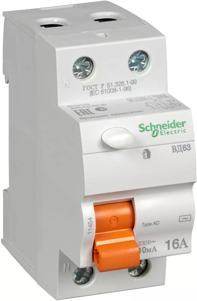 Устройство защитного отключения (УЗО/ВДТ) Schneider Electric Домовой (ВД 63) - 1P+N - 16A - AC - 10mA Устройство защитного отключения (УЗО/ВДТ) Schneider Electric Домовой (ВД 63) - 1P+N - 16A - AC - 10mA