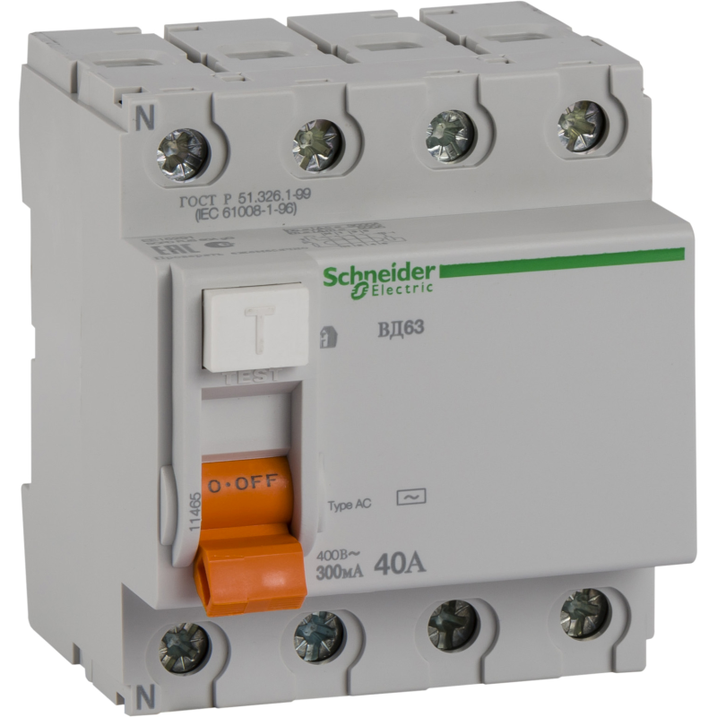Устройство защитного отключения (УЗО/ВДТ) Schneider Electric Домовой (ВД 63) - 4P - 40A - AC - 300mA Устройство защитного отключения (УЗО/ВДТ) Schneider Electric Домовой (ВД 63) - 4P - 40A - AC - 300mA