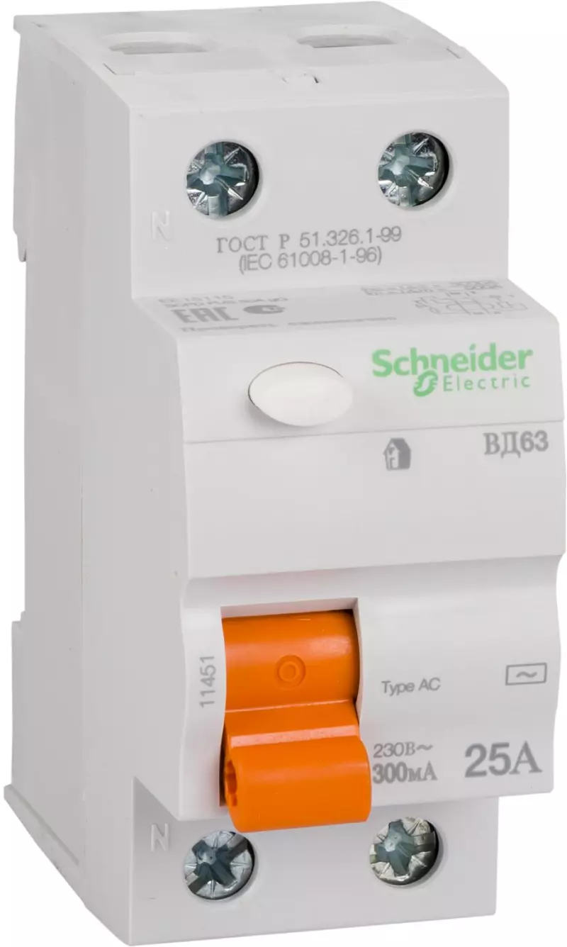 Устройство защитного отключения (УЗО/ВДТ) Schneider Electric Домовой (ВД 63) - 1P+N - 25A - AC - 300mA Устройство защитного отключения (УЗО/ВДТ) Schneider Electric Домовой (ВД 63) - 1P+N - 25A - AC - 300mA