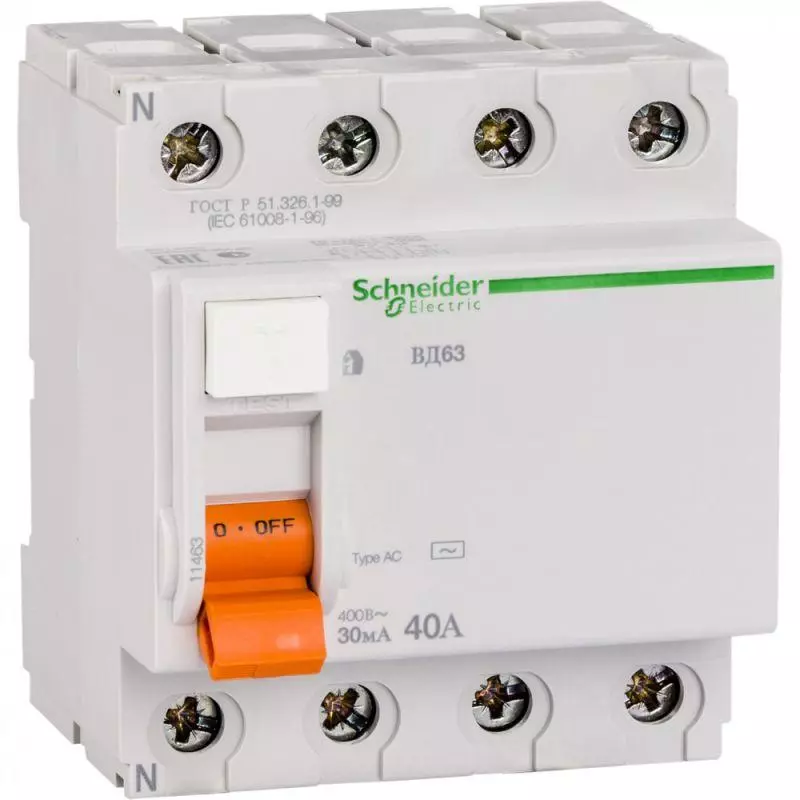 Устройство защитного отключения (УЗО/ВДТ) Schneider Electric Домовой (ВД 63) - 4P - 40A - AC - 30mA Устройство защитного отключения (УЗО/ВДТ) Schneider Electric Домовой (ВД 63) - 4P - 40A - AC - 30mA