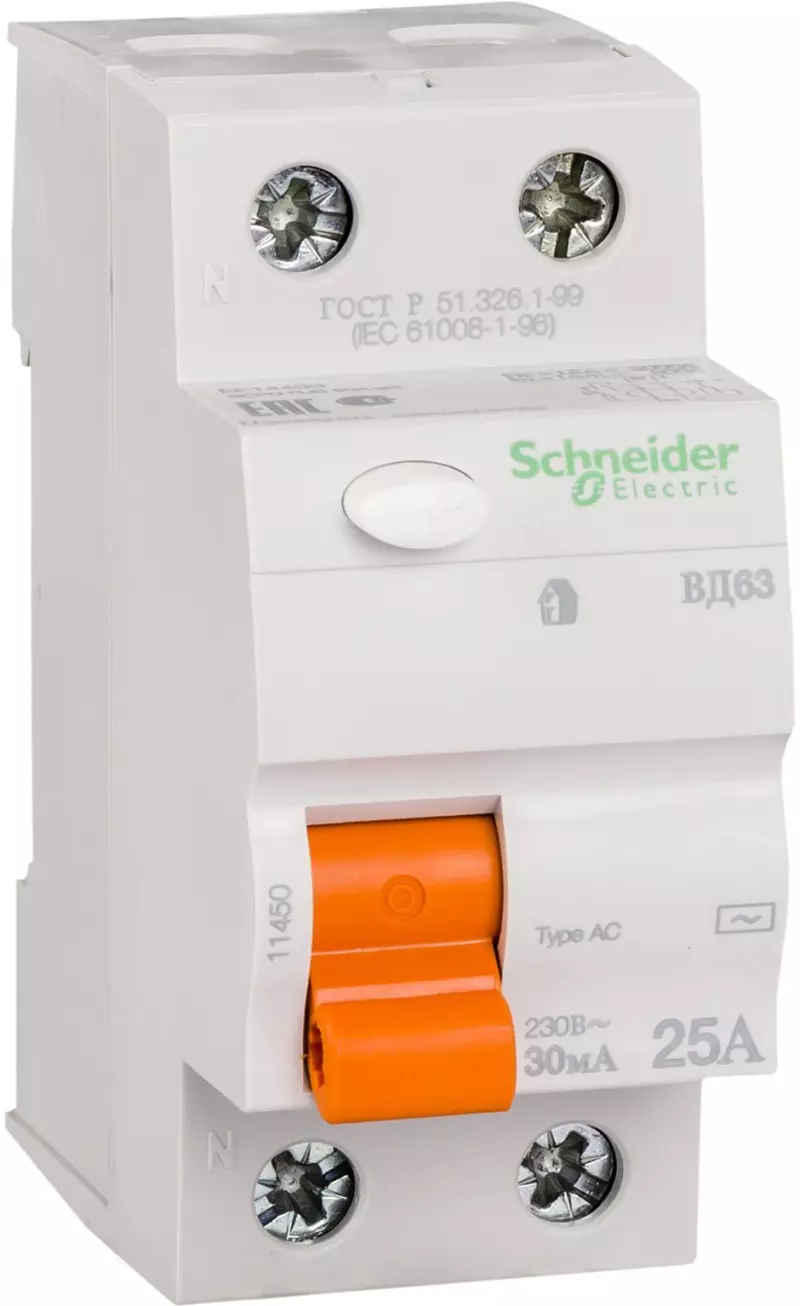 Устройство защитного отключения (УЗО/ВДТ) Schneider Electric Домовой (ВД 63) - 1P+N - 25A - AC - 30mA Устройство защитного отключения (УЗО/ВДТ) Schneider Electric Домовой (ВД 63) - 1P+N - 25A - AC - 30mA