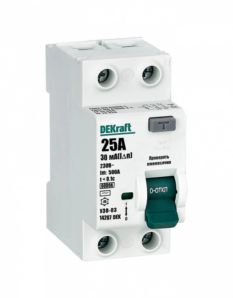 Устройство защитного отключения (УЗО/ВДТ) Dekraft УЗО-03 - 1P+N - 25A - AC - 30mA Устройство защитного отключения (УЗО/ВДТ) Dekraft УЗО-03 - 1P+N - 25A - AC - 30mA