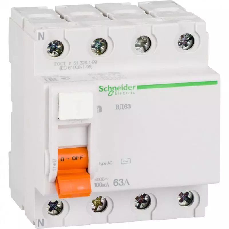 Устройство защитного отключения (УЗО/ВДТ) Schneider Electric Домовой (ВД 63) - 4P - 63A - AC - 100mA Устройство защитного отключения (УЗО/ВДТ) Schneider Electric Домовой (ВД 63) - 4P - 63A - AC - 100mA