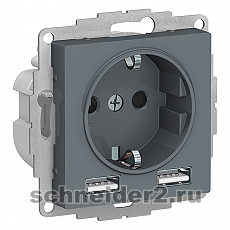 Розетка электрическая Schneider со шторками с зарядным устройством USB-A (Грифель)