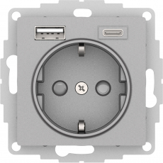 Розетка электрическая Schneider со шторками с зарядным устройством USB-A+C (Алюминий)