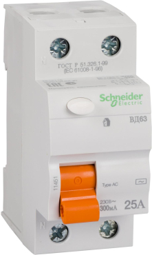 УЗО Schnieder Electric ВД63 2П 25A 300MA УЗО Schnieder Electric ВД63 2П 25A 300MA